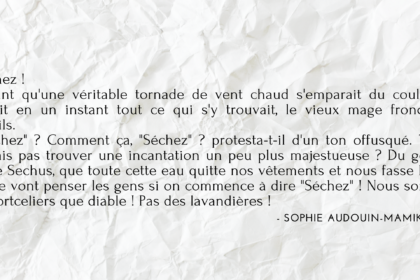 Citation du livre "Tara Duncan" écrit par Sophie Auduoin Mamikonian : "- Séchez ! Pendant qu'une véritable tornade de vent chaud s'emparait du couloir et séchait en un instant tout ce qui s'y trouvait, le vieux mage fronça les sourcils. - "Séchez" ? Comment ça, "Séchez" ? protesta-t-il d'un ton offusqué. Tu ne pouvais pas trouver une incantation un peu plus majestueuse ? Du genre : "Par le Sechus, que toute cette eau quitte nos vêtements et nous fasse beaux ?" Que vont penser les gens si on commence à dire "Séchez" ! Nous sommes des sortceliers que diable ! Pas des lavandières !"