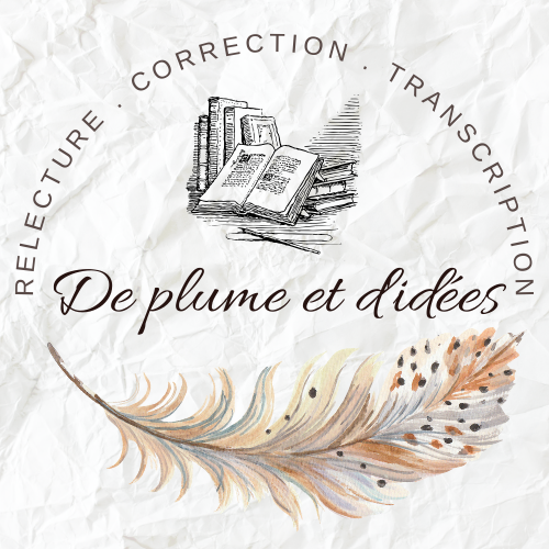 Logo du site internet "De plume et d'idées", le titre est écrit au milieu. Sur le haut, le slogan "relecture, correction, transcription. En dessous, une plume beige et marron souligne le nom du site. Le fond imite une feuille de papier froissé.